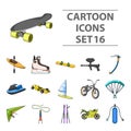 Motorcycle racing, downhill skiing, jumping, parachuting and other sports. Extreme sports set collection icons in