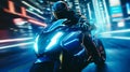 Motorcycle racing in future neon city. Neural network AI generated