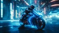 Motorcycle racing in future neon city. Neural network AI generated