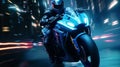 Motorcycle racing in future neon city. Neural network AI generated