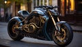 Motorcycle racing, speed, elegance, engine, headlight, wheel, old fashioned, metal, adventure, leather generated by AI