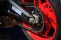 Motorcycle rear wheel chain drive, close-up