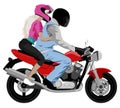 Motorcycle with rider and beautiful girl passenger wearing helmet side view isolated on white vector illustration