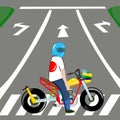 The motorcycle rider confused about three direction. Three way street with direction business vector.Business concept. Road markin