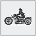 Motorcycle rider with racer helmet on motorcycle. Emblem of bikers club. Vintage style.