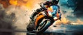 Motorcycle rider rides on the race track. Motosport Concept. Background with copy space.