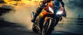 Motorcycle rider rides on the race track. Motosport Concept. Background with copy space.