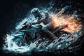 Motorcycle rider riding on a motorcycle in splashes of water