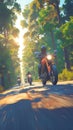 Motorcycle riders cruise through scenic woods, creating an adventurous spectacle