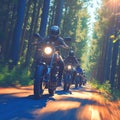 Motorcycle riders cruise through scenic woods, creating an adventurous spectacle