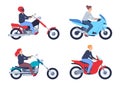 Motorcycle riders. People in helmet on scooter and motorcycle. Female and male characters driving sport and classic