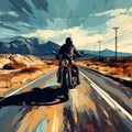 Motorcycle Ride: Minimalist Post-impressionism Art In Desert Landscape