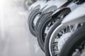 Motorcycle Sale, Automotive Industry, Motorcycle Dealership Parking Lot. Rows of Brand New Vehicles Awaiting New Owners, on the Royalty Free Stock Photo