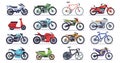 Motorcycle and scooter set. Bikes and choppers, speed race and delivery retro and modern vehicles travel and sport flat