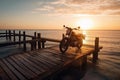 Motorcycle sea sunset horizont. Generate Ai