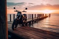 Motorcycle sea sunset view. Generate Ai