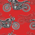 Motorcycle seamless pattern, vector background. Monochrome illustration. Black and white motorcycles with many details Royalty Free Stock Photo