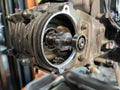 motorcycle service engine repair close up. Maintenance of motorcycle engine.