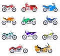 Motorcycle set. Motorbike and scooter, bike and chopper. Motocross and delivery vehicles side view isolated vector flat Royalty Free Stock Photo