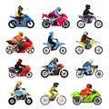 Motorcycle set vector illustration isolated on white, different type motorcyclist characters on sport motorbikes. Royalty Free Stock Photo