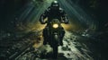 The motorcycle, shrouded in the haze of the night fog, stands on the wet road, like a mysterio Royalty Free Stock Photo