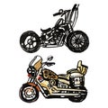 Motorcycle. Side view. Hand drawn classic chopper bike in engraving style. Vintage illustration isolated on white Royalty Free Stock Photo