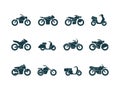 Motorcycle silhouettes. Vehicle symbols motorbikes travel cycling bike chopper street transport vector black pictures Royalty Free Stock Photo