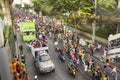 Motorcycle traffic jam in city centre during celebrate football fans winning AFF Suzuki Cup 2014. Royalty Free Stock Photo