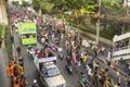 Motorcycle traffic jam in city centre during celebrate football fans winning AFF Suzuki Cup 2014. Royalty Free Stock Photo
