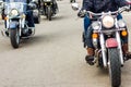Motorcycle travel. Motorcyclists riding on road. Front view of motorbikes