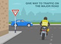 Motorcycle turns right on sharp turn with `give way` sign. Yield to traffic on the major road. Royalty Free Stock Photo