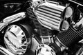 Motorcycle V-configuration engine with shiny chrome parts close up detail. V-twin motorbike chromium engine. Motorcycle V-type Royalty Free Stock Photo