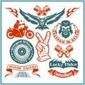 Motorcycle vector set with vintage custom logos, badges, design templates. Royalty Free Stock Photo