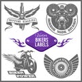 Motorcycle vector set with vintage custom logos, badges, design templates. Royalty Free Stock Photo