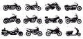 Motorcycle vehicle silhouette. Modern speed race bike, scooter and chopper side view, motorcycle body silhouette vector