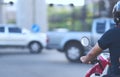 Motorcycle waiting for green light on crossroad with safty helmet Royalty Free Stock Photo