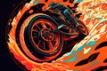 Motorcycle wheel on the background of fire flames. Vector illustration. Royalty Free Stock Photo