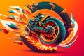 Motorcycle wheel with fire flames on red background. 3d rendering Royalty Free Stock Photo