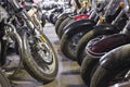 Motorcycle wheels close up view in warehouse for bike safekeeping at winter season Royalty Free Stock Photo