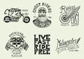 Motorcycles and biker club templates. Vintage custom skulls emblems, labels badges for t shirt. Monochrome retro style Royalty Free Stock Photo