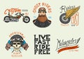 Motorcycles and biker club templates. Vintage custom skulls emblems, labels badges for t shirt. Monochrome retro style