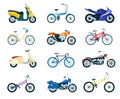 Motorcycles and bikes, bicycle, motorbike, delivery scooter. Various motorcycle vehicle models, sportbike, chopper, road