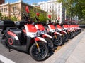 Motorcycles of the company Acciona Motosharing parked on a street in Madrid due to a temporary stoppage of the mobility service