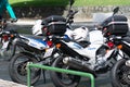 Motorcycles from the Eagle squad of the Bahia military police are parked on the street. City of Salvador