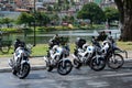 Motorcycles from the Eagle squad of the Bahia military police are parked on the street. City of Salvador