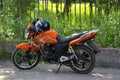 Motorcycles standing in the row on asphalt closeup Royalty Free Stock Photo