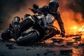 Motorcyclist in Action on a Burning Road