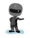 Motorcyclist in a black jacket and helmet. Biker uniform. Cartoon style. Hitchhiking on the road. Flat design. Isolated Royalty Free Stock Photo