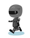 Motorcyclist in a black jacket and helmet. Biker uniform. Runs. Cartoon style. Funny character. Flat design. Isolated on