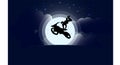 Motorcyclist in flight, stuntman on a cross-country motorcycle, at night against the background of the starry sky and the full moo